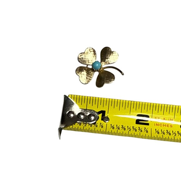 Vintage Gold Tone Clover Leaf Brooch with Turquoise Blue Cabochon Center - Picture 7 of 7